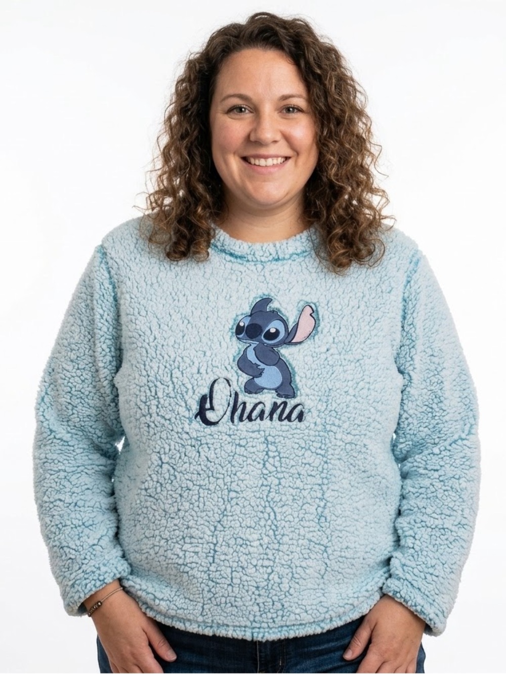 Disney Lilo & Stitch "Ohana" Teal Fuzzy Sherpa Sweatshirt Size XL